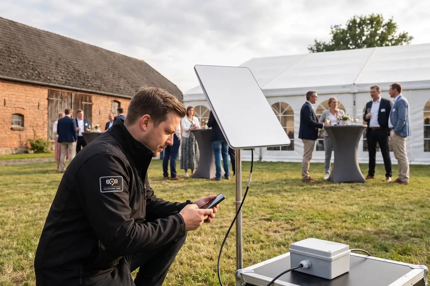 Sommerfest auf einem Gut: Ein Techniker richtet eine Starlink-Antenne auf der Wiese vor dem Festzelt ein