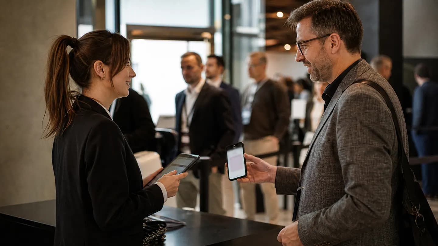 Atmosphärische FachEvents-Visualisierung: persönlicher Empfang mit digitalem Ticket bei einer Business-Veranstaltung