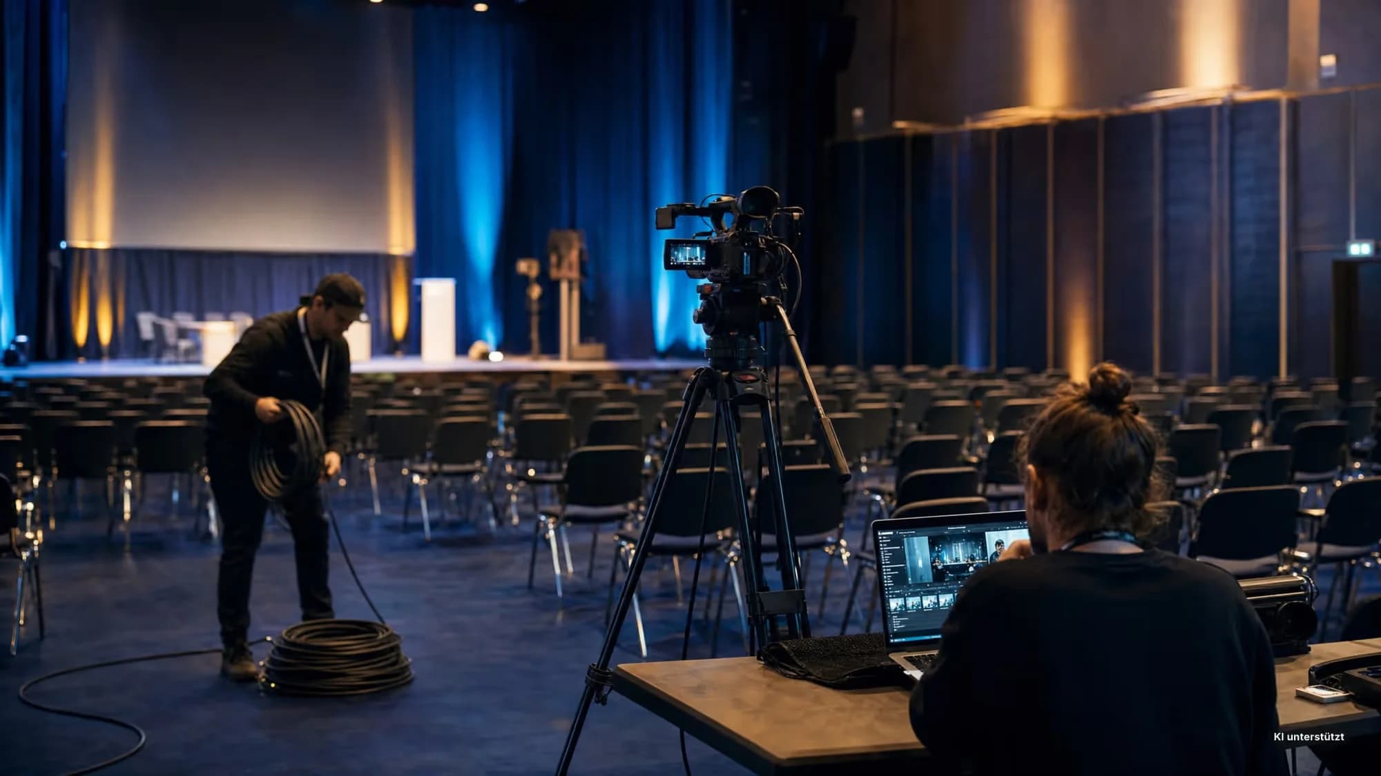 In a nearly empty conference hall after the event, a technician coils an XLR cable beside a camera on a tripod still pointed at the stage, while an organiser reviews recorded session footage on a laptop at a side table.
